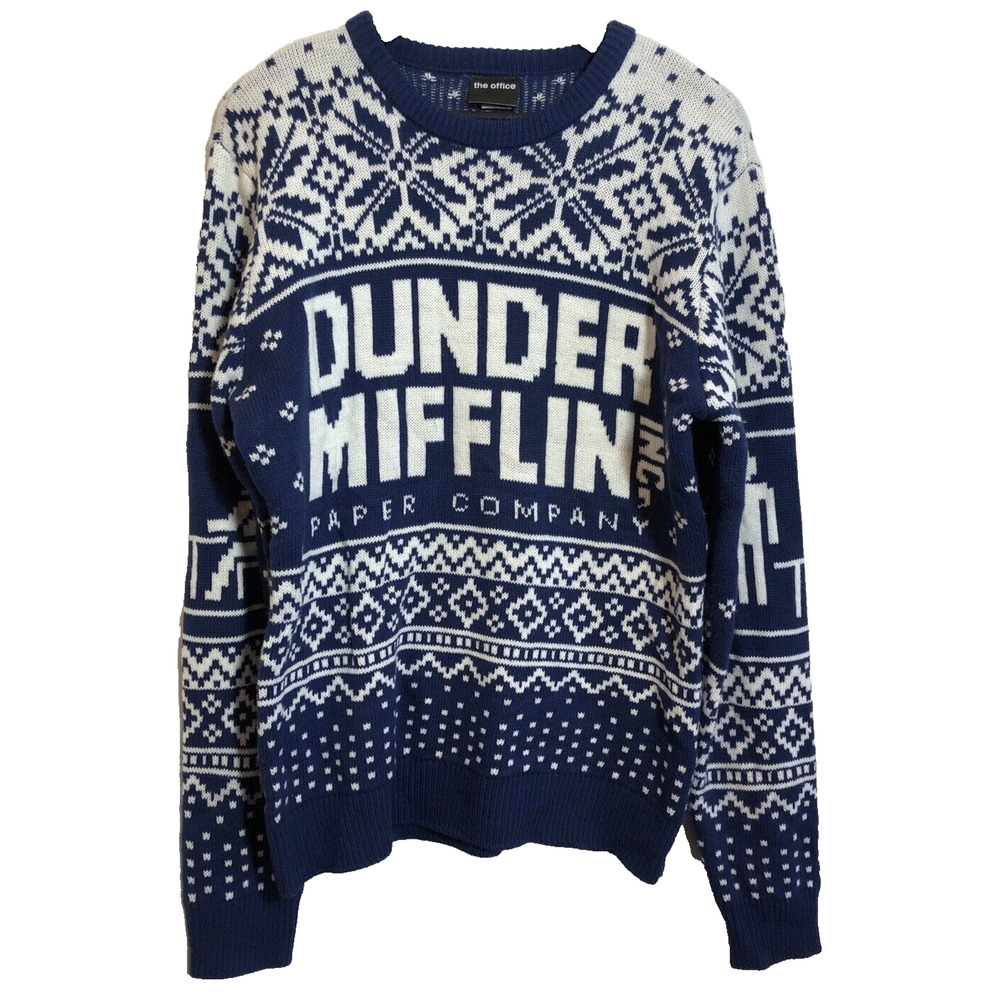 The Office Dunder Mifflin Christmas Sweater Size Medium Blue White Snowflakes
